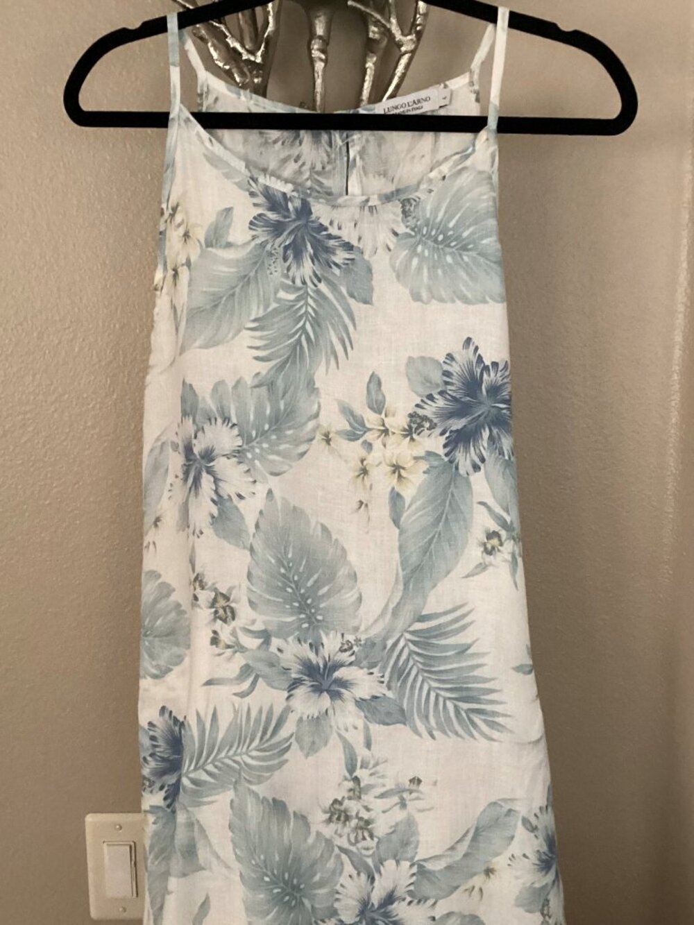 Lungo L'arno Made in Italy Blue and White Flowered Linen Midi Sundress, Large